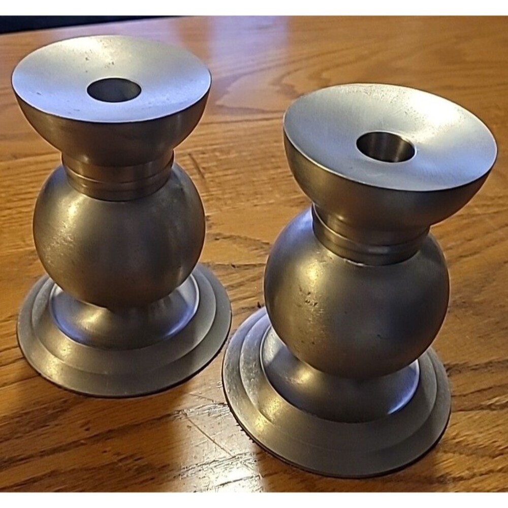 Pewter 5 1/2” Tall Set of (2) Taper Candlestick Holders Made in India Vintage